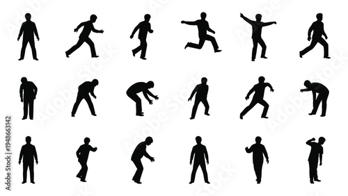 Collection of diverse human silhouettes in various dynamic poses and actions