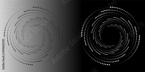 Modern abstract background. Halftone dots in circle form. Spiral logo, icon or design element. Black dots on a white background and white dots on the black side.