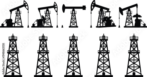 Oil drilling rig and pumpjack silhouette icon set representing petroleum industry energy extraction offshore production engineering symbols