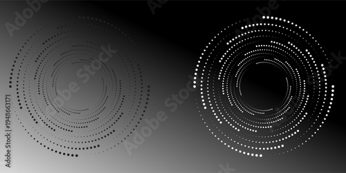 Modern abstract background. Halftone dots in circle form. Spiral logo, icon or design element. Black dots on a white background and white dots on the black side.
