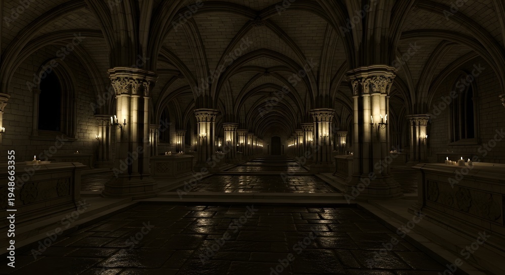Fototapeta premium Gothic Cathedral Interior: Illuminated Corridor with Candles