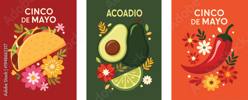 Vibrant collection of flat design illustrations celebrating Mexican culinary delights, featuring tacos, ripe avocados, and fiery chili peppers amidst colorful floral decorations and festive patterns