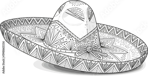 Decorative Mexican Sombrero Hat with Intricate Geometric Patterns and Floral Motifs, Black and White Artistic Illustration