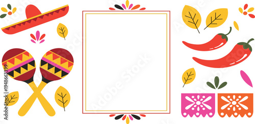 Fiesta Decorative Frame with Mexican Elements like Sombrero, Maracas, Chili Peppers, and Papel Picado