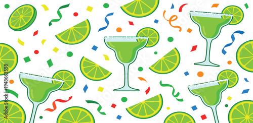 Festive lime margarita cocktails with confetti and streamers, perfect for a party or celebration background