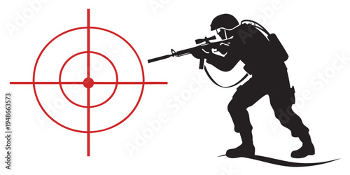 a man in a tactical stance aiming a rifle at a red target Vector