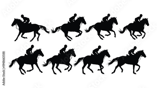 A series of eight black silhouettes of a person riding a horse in various stages of movement, galloping, running, and jumping, against a white background