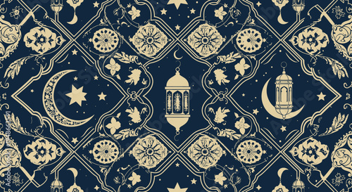 Islamic geometric pattern, Ramadan seamless border, gold and blue, crescent moon and star designs, vector