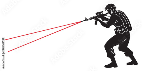 a soldier wearing a bulletproof vest aiming a rifle with laser beams Vector