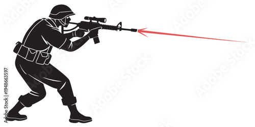 soldier aiming a rifle with a red laser beam Vector
