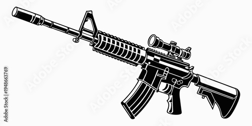 a black rifle with a scope and silencer Vector