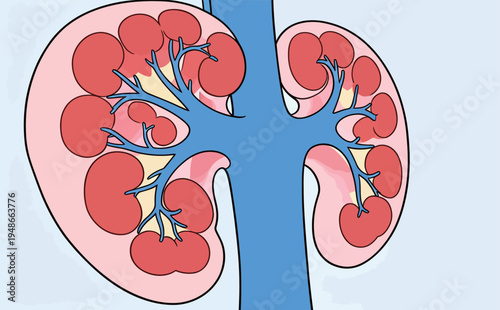 Illustration showing human kidneys with detailed anatomy, highlighting branches and filters