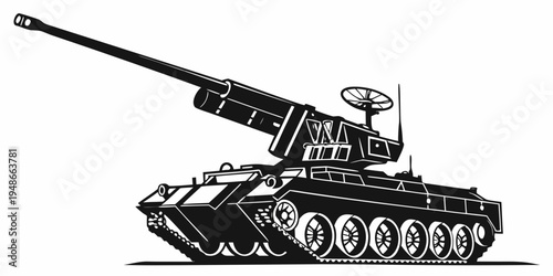 a black and white illustration of a tank with a long gun Vector