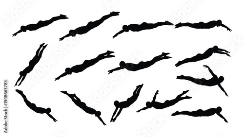 An abstract representation of multiple individuals engaging in synchronized swimming, captured in a dynamic and artistic silhouette against a plain white background.