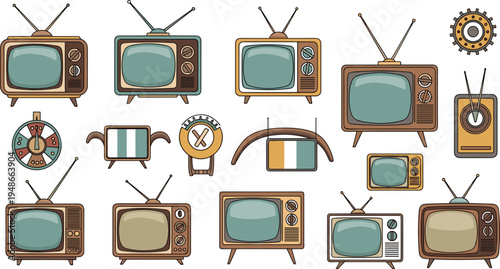 Vintage retro television collection with old TV sets, antennas, classic screens and nostalgic broadcast devices cartoon vector illustration set