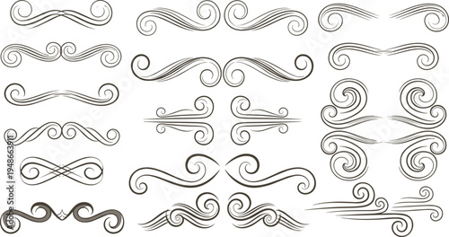 Vintage ornamental swirl divider collection with decorative flourishes, elegant scroll lines and classic calligraphic design elements vector illustration set