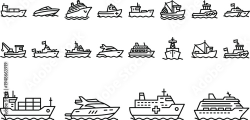 Ship and boat line icon set featuring cargo vessel cruise yacht fishing boat and maritime transport symbols