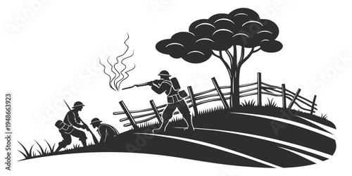 soldiers on a battlefield with a tree and fence Vector