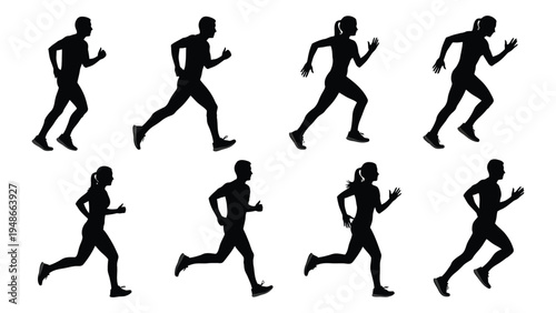 Detailed analysis of a runner in various motion stages, depicting different phases of a running cycle in a series of silhouette illustrations