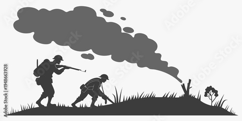 soldiers in combat with smoke rising from a grenade Vector