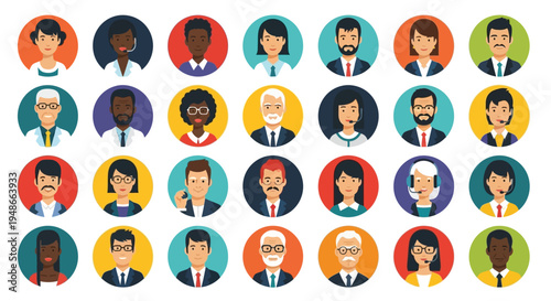 Diverse business people icons, colorful professional portraits, vector avatars, office worker illustrations, 25 human faces