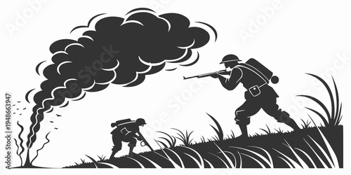 soldiers on a battlefield with smoke Vector