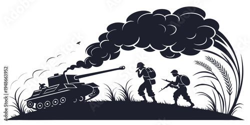 soldiers and tank in combat situation Vector