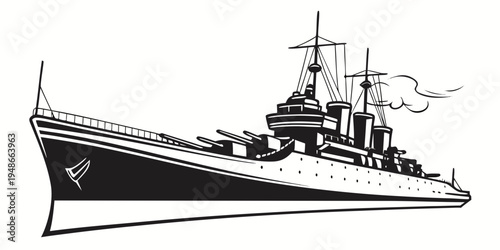 a large warship with two smokestacks and several guns Vector