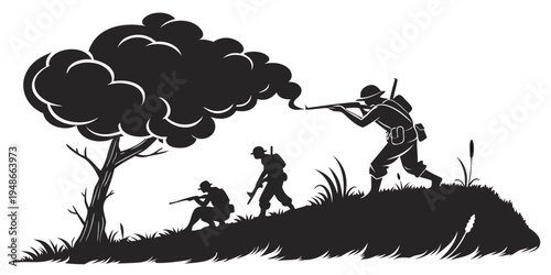 soldiers on a battlefield with a tree and smoke Vector