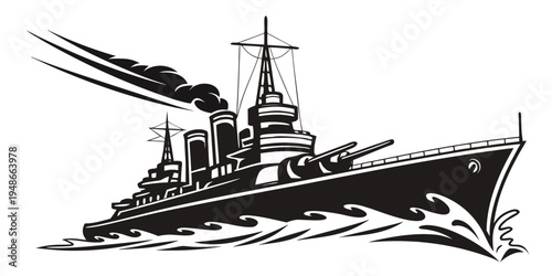 a large warship with smoke coming out of its stacks Vector