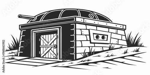 a small brick building with a barrel on the roof Vector