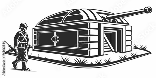 soldier standing next to a bunker with a large gun Vector