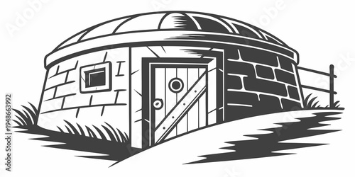 a small stone hut with a door and window Vector