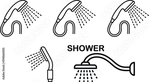 Shower head bathroom water spray icon set featuring handheld and wall mounted shower symbols for hygiene cleaning and bathing