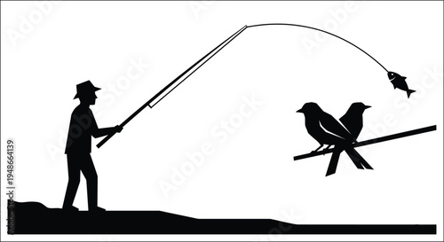 Silhouette of fisherman fishing with rod near birds on branch outdoor nature scene wildlife activity vector illustration