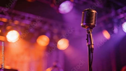 Vintage Microphone on Concert Stage with Lights
