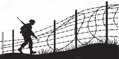 a soldier walking next to a barbed wire fence Vector