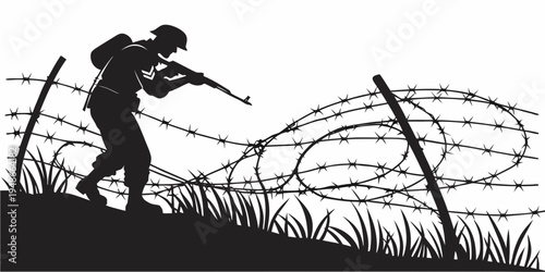 a soldier is shown with a rifle near barbed wire Vector