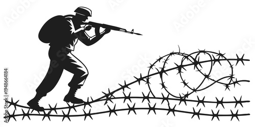 soldier walking on barbed wire with rifle Vector