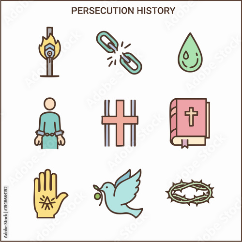 Persecution history icons including flame, broken chain, and religious symbols on white background