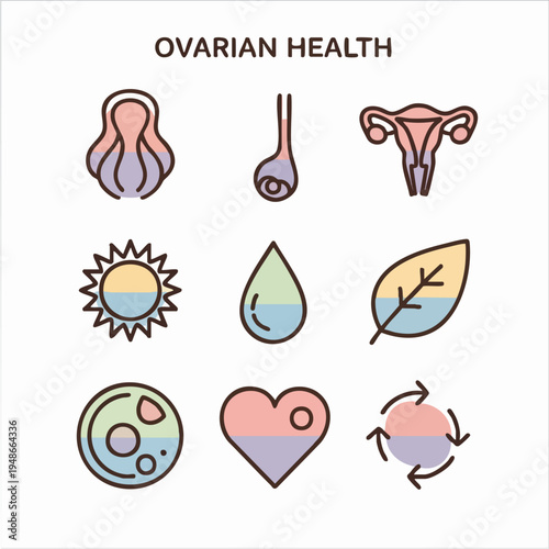Ovarian health concept with icons of female reproductive system and wellness symbols.