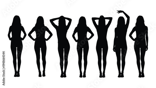 Seven silhouette women posing in various attitudes and postures with different hairstyles and clothing styles