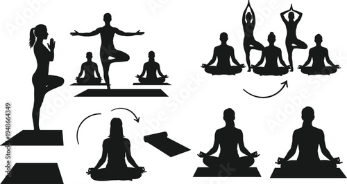 Yoga class silhouette set with meditation poses, lotus pose, tree pose and group yoga practice vector illustration