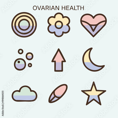 Ovarian health symbols and icons in pastel colors on a light background
