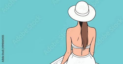 Woman sitting on a boat wearing a sun hat and enjoying the view in bright blue water