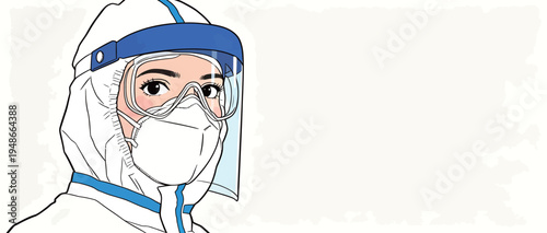 Health worker in protective gear standing in a clinical setting during pandemic response efforts