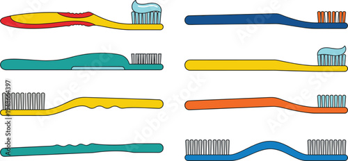 Toothbrush with toothpaste colorful icon set showing dental hygiene tools for oral care cleaning teeth and daily health routine