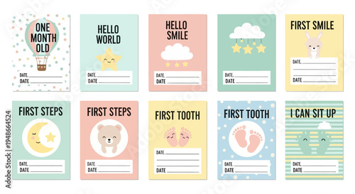 Baby Milestone Cards, Pastel Colorful Vector Set, 10 Developmental Stage Templates, Childhood Memories, Baby Shower Gift, Personalized Baby Book