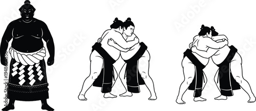 Black and white illustration of sumo wrestlers in ceremonial pose and competitive match, symbolizing Japanese culture, traditional sport, martial arts, competition, and creative artwork projects