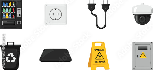 Black and white illustration of workplace utility items including vending machine, socket, power cord, security camera, recycling bin, caution sign, and electrical panel for safety and design projects